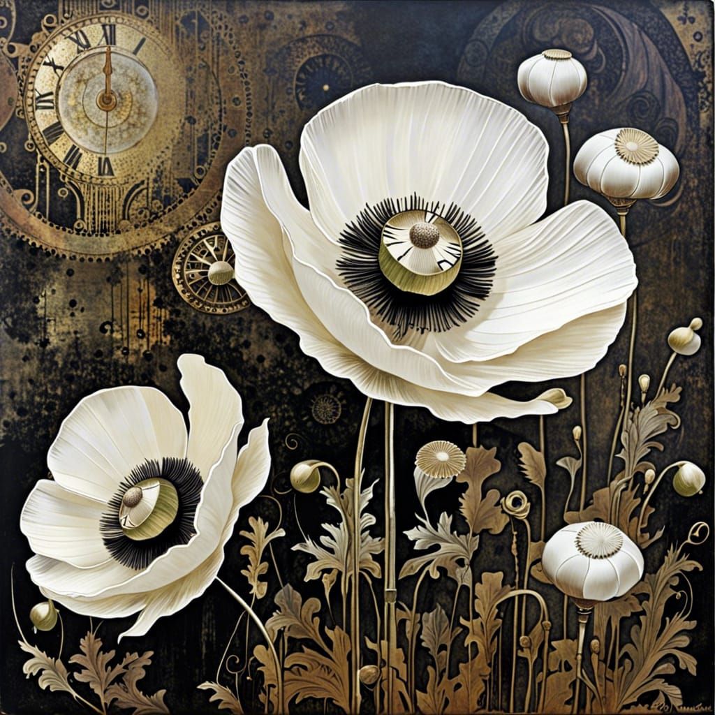 Opium White Poppies in Gothic Steampunk Art