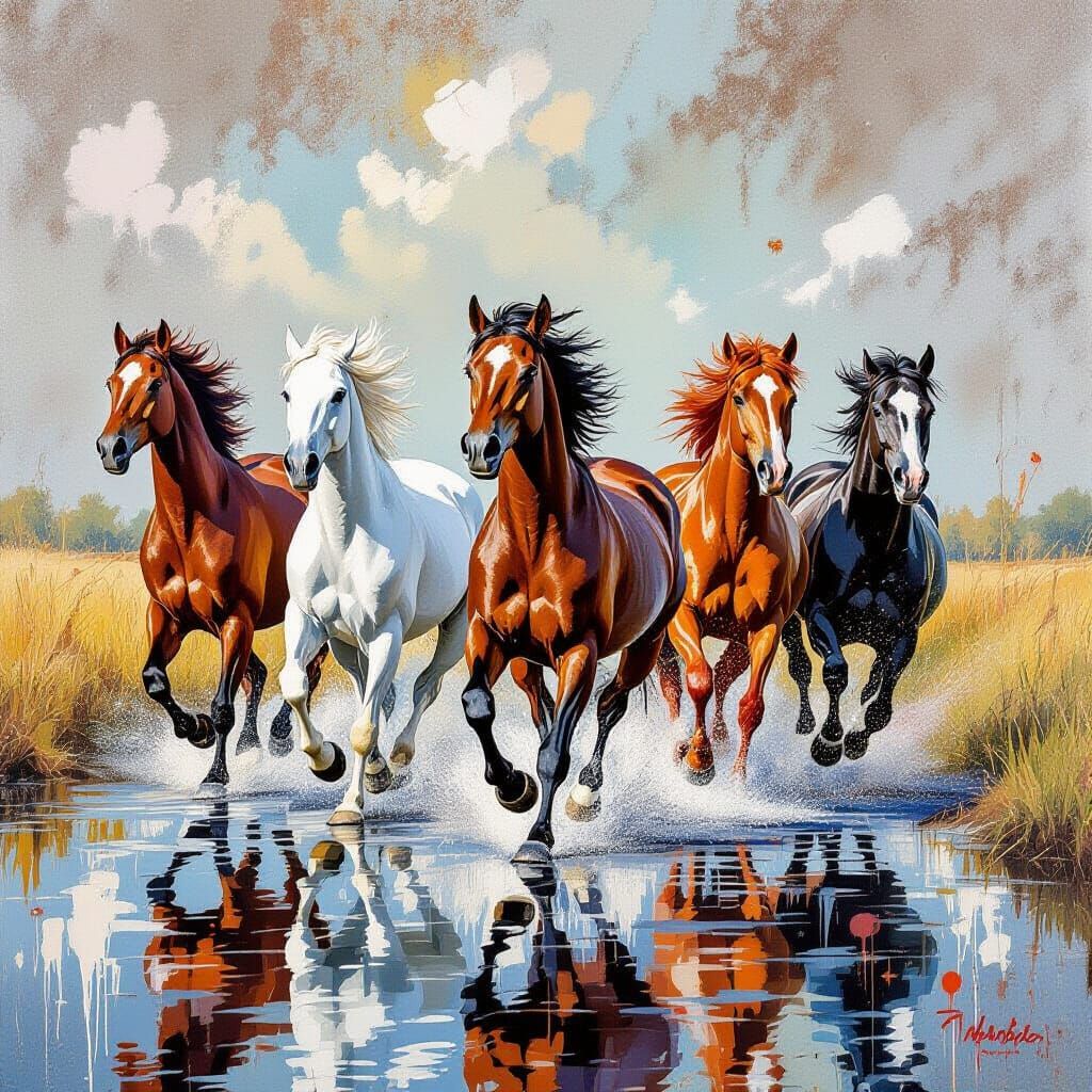 Colorful Horses Gallop Along River in Graffiti Art Style