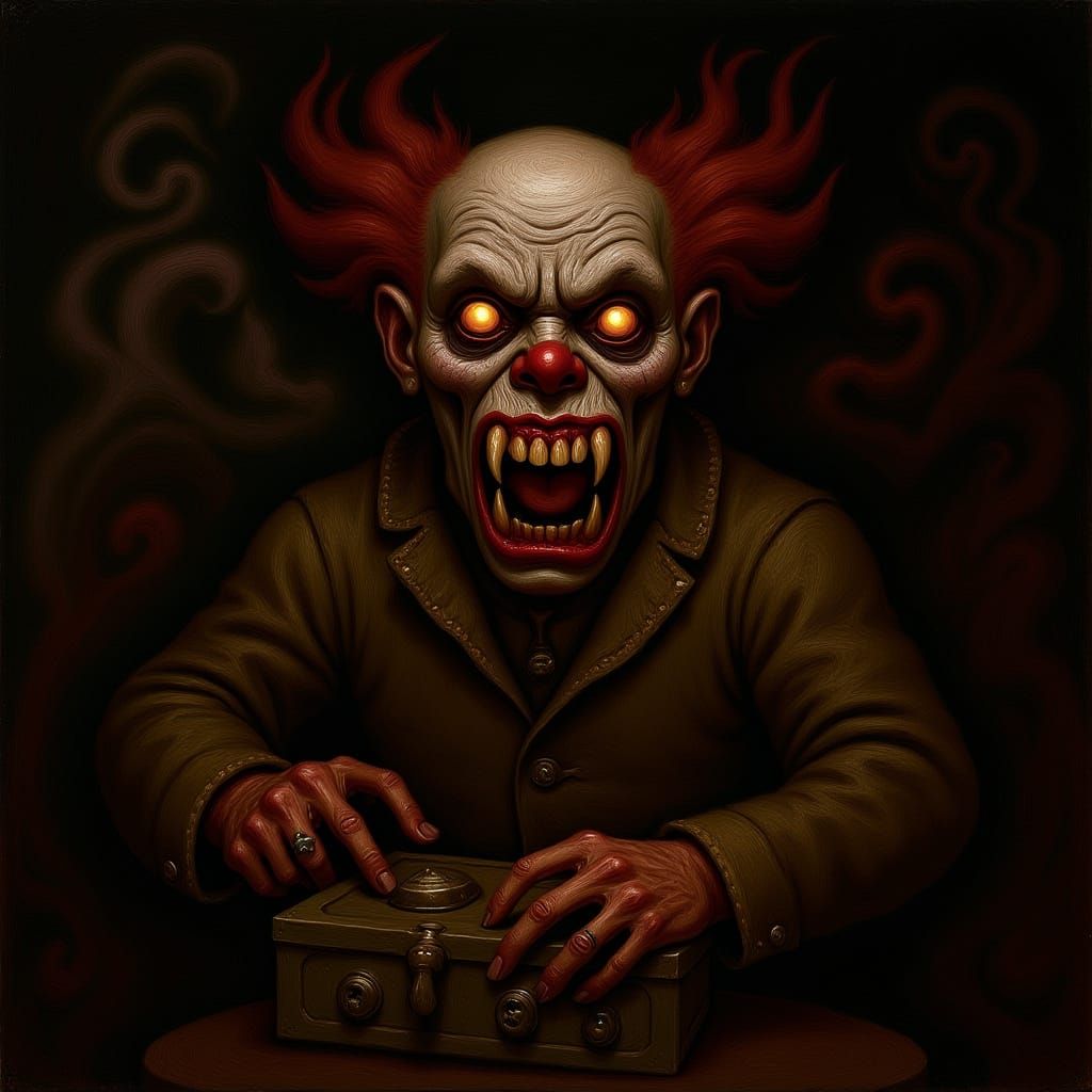 Grotesque Clown Erupting from Jack-in-the-Box as Impasto Pai...