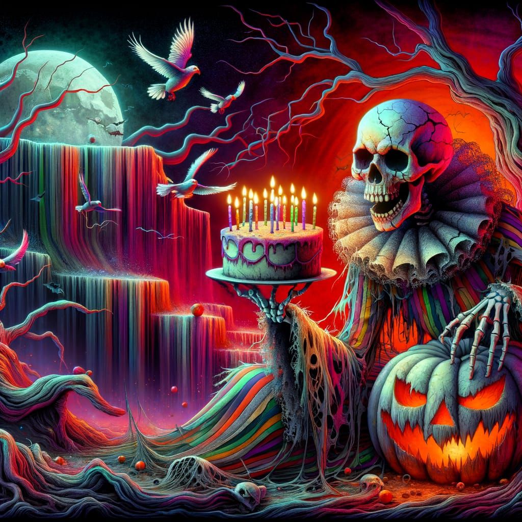 Skeletal Clown With Birthday Cake on Menacing Pumpkin