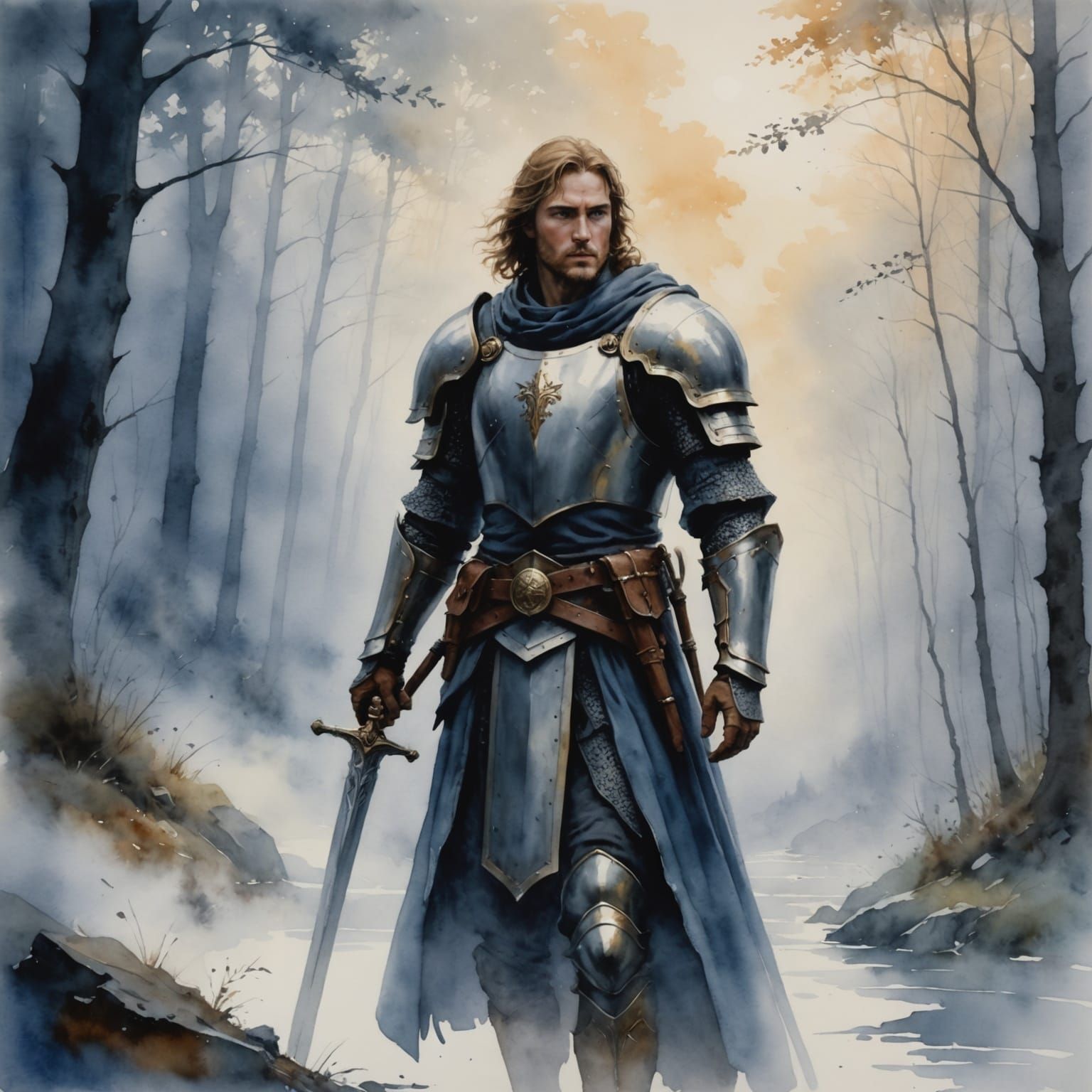 Ethereal Paladin in Misty Watercolor Wash