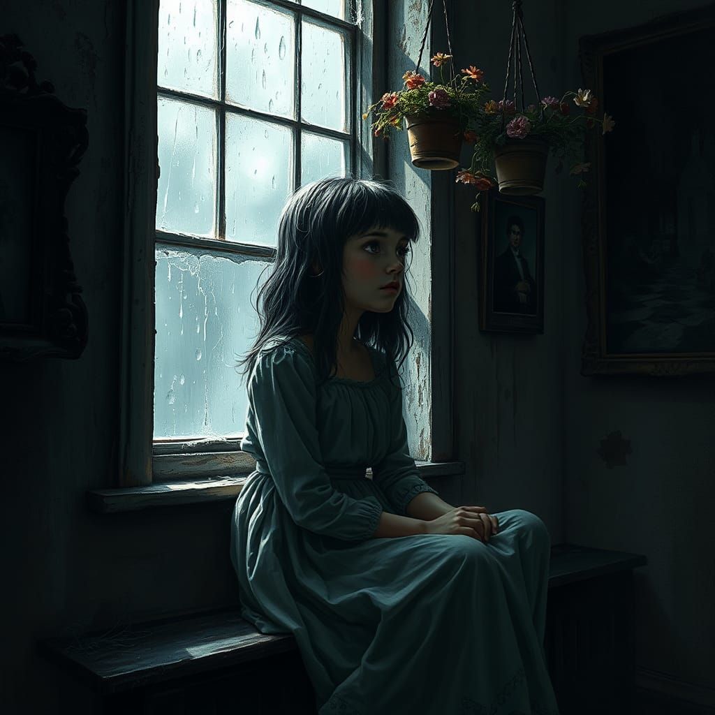 Melancholy Girl in Old Room: Moody Cinematic Art