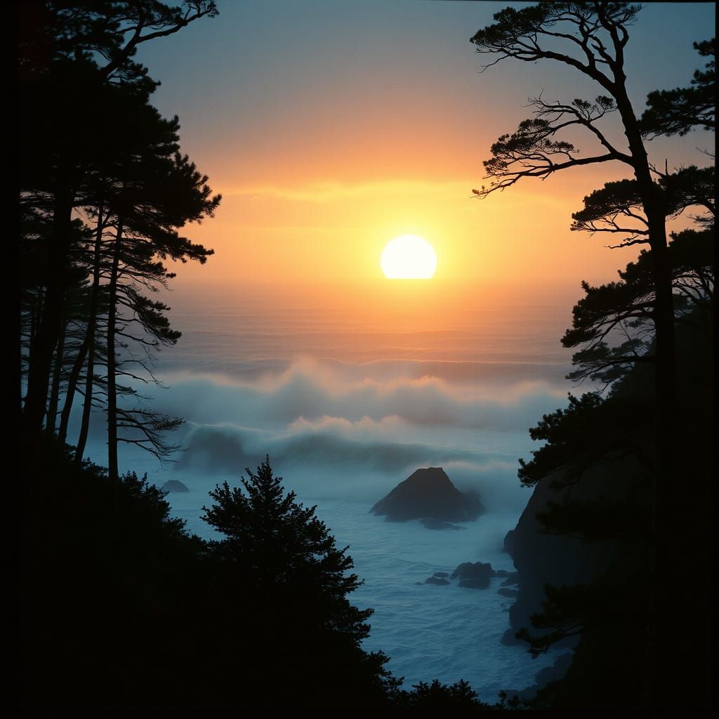 Surreal Forest Meets Turbulent Sea at Sunset