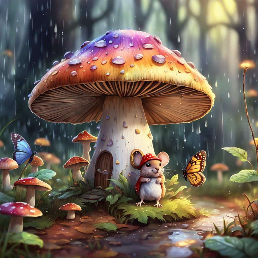 Vibrant Watercolor Mushroom Shelter in Whimsical Fantasy Sce...