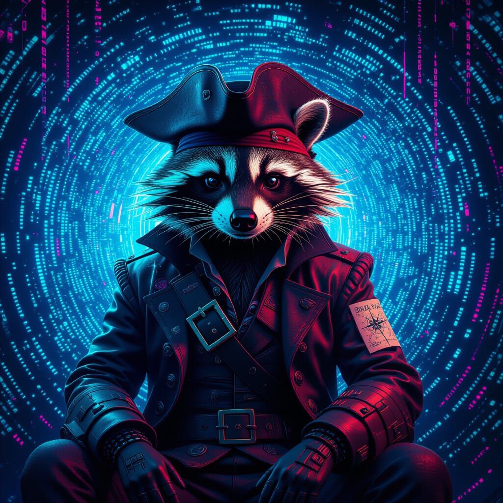 Cyberpunk Raccoon Pirate Amidst Digital Vortex