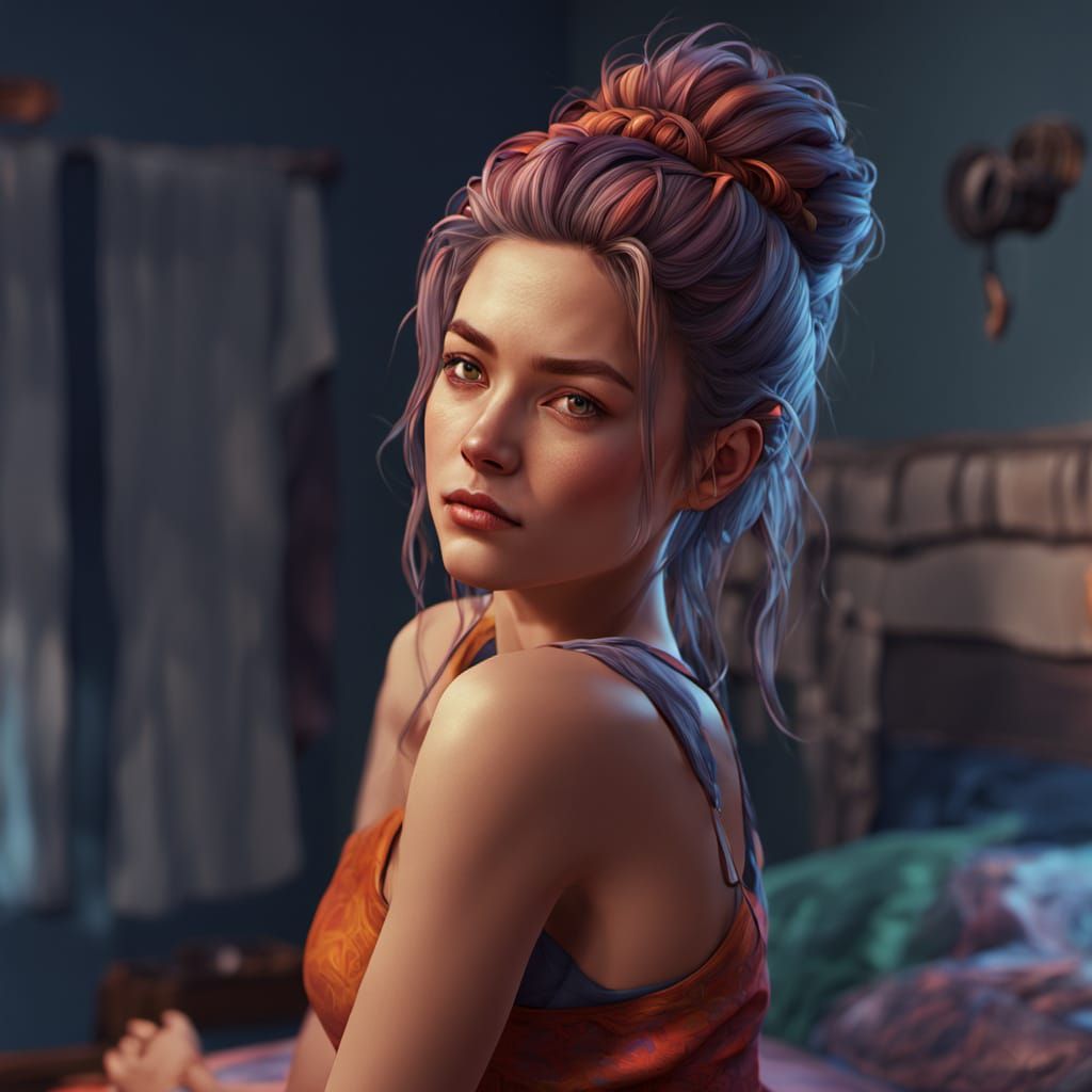 Intricate Portrait of Woman in Bedroom, Digital Art