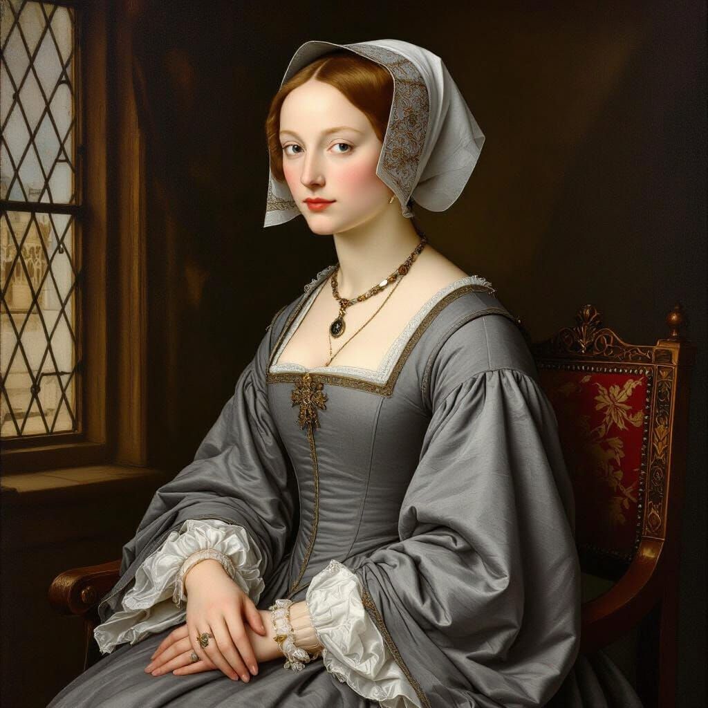 Tudor Court Woman in Grey Gown and French Hood, Holbein Styl...