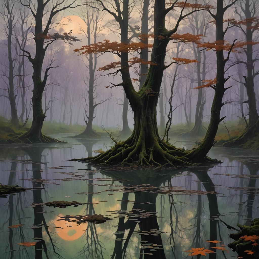 Energetic Forest Scene with Purple and Orange Light