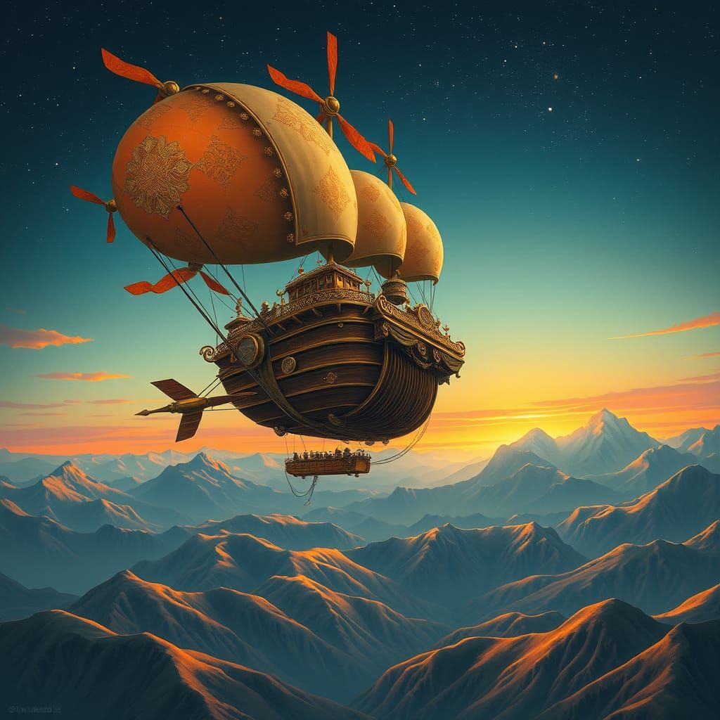 Galleon Airship with Balloon in Ethereal Style