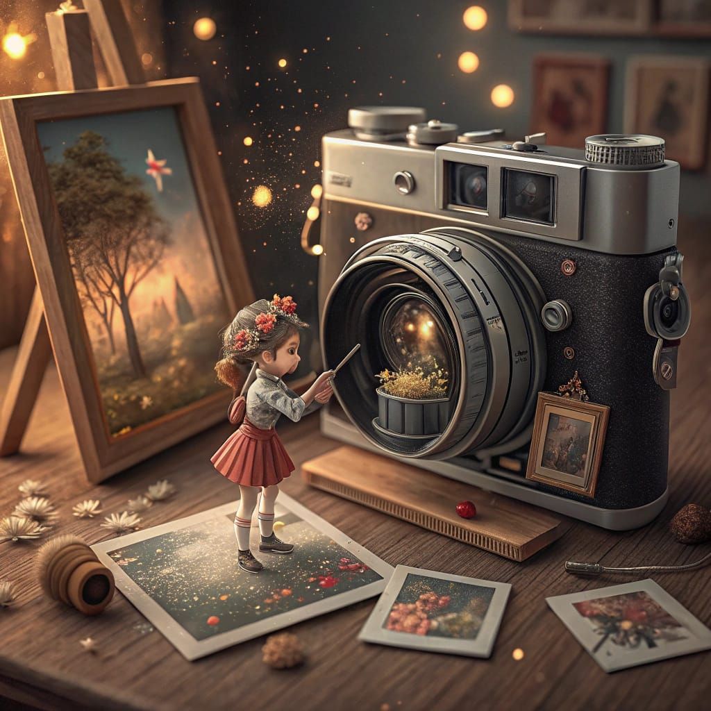 Dreamlike Vintage Camera with Miniature Painter
