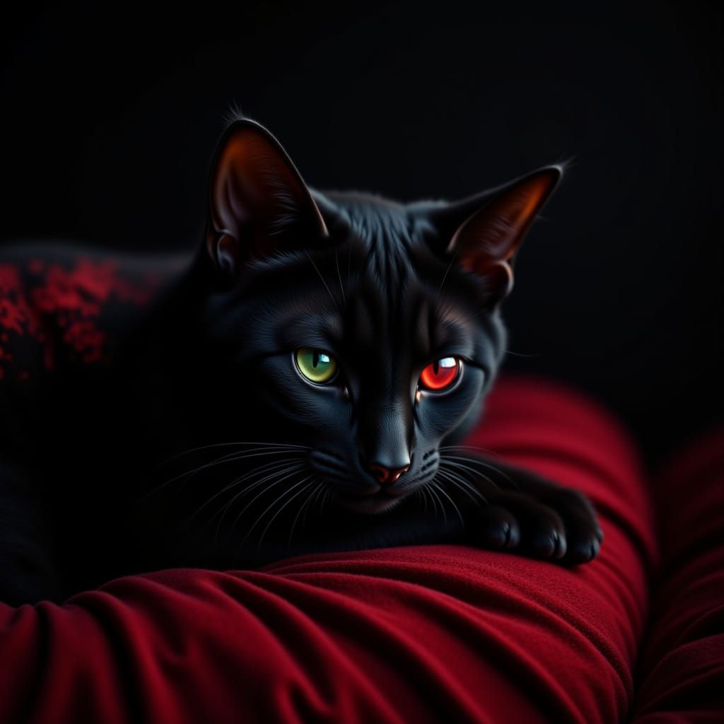 Regal Black Cat with Red Markings in Chiaroscuro