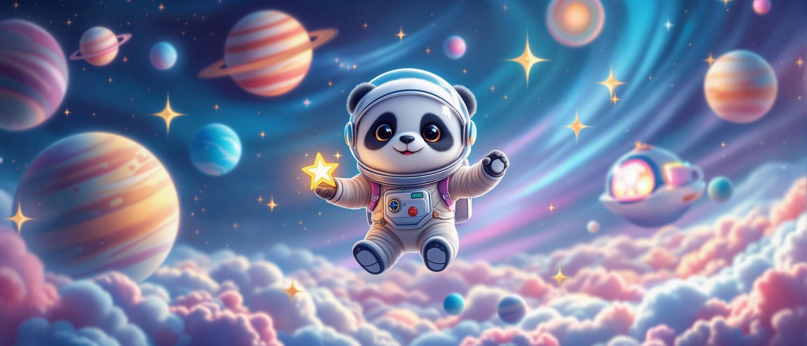 Panda Astronaut Floating in Space in Dreamy Pastel Colors