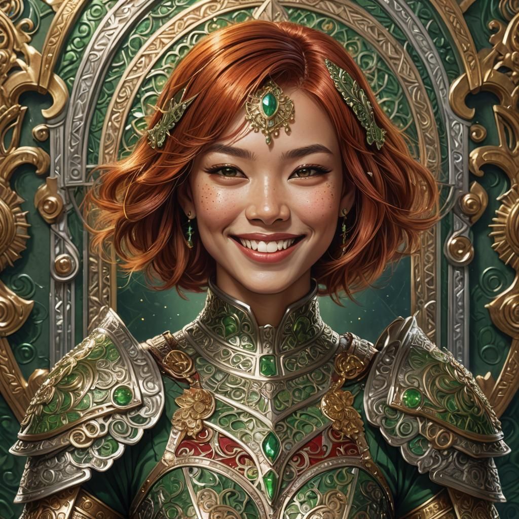Smiling Woman in Silver Armor Fantasy Illustration