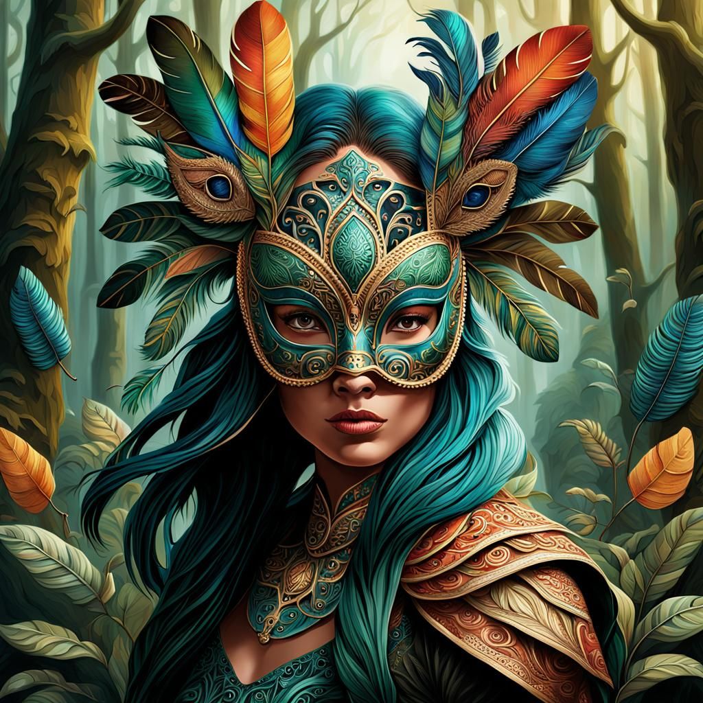 "A digital painting depicting character wearing ornate mask inspired by animals and nature, set in a magical forest.