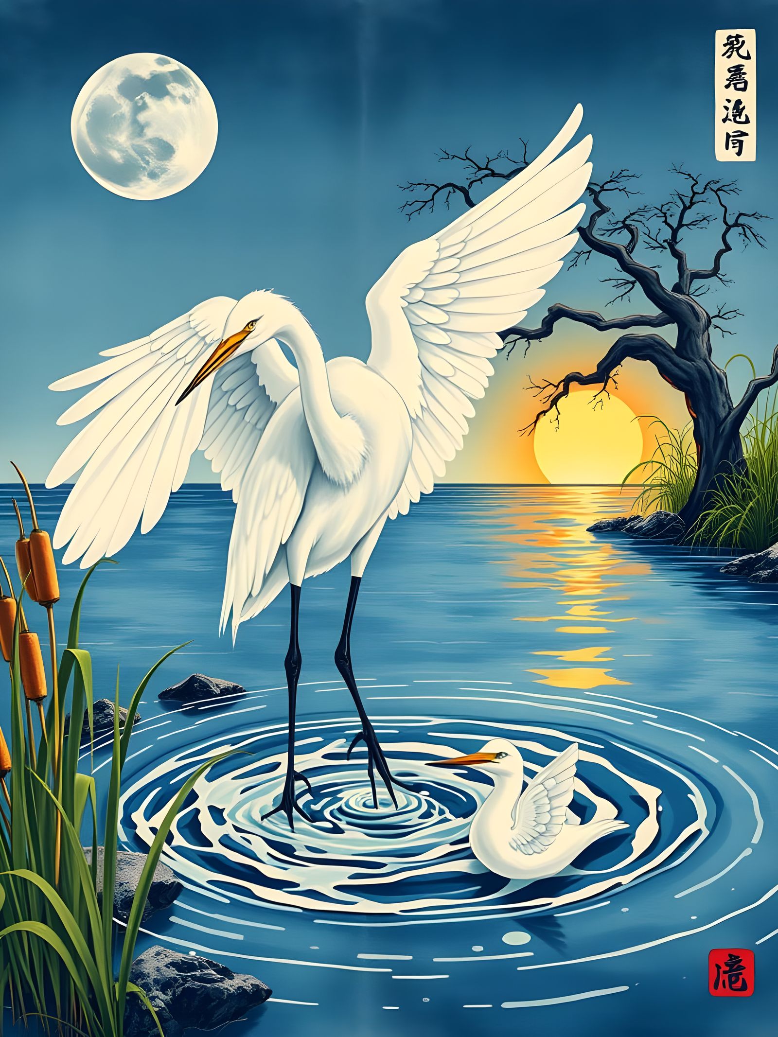 Angelic Egret in Japanese Ink Scroll Style