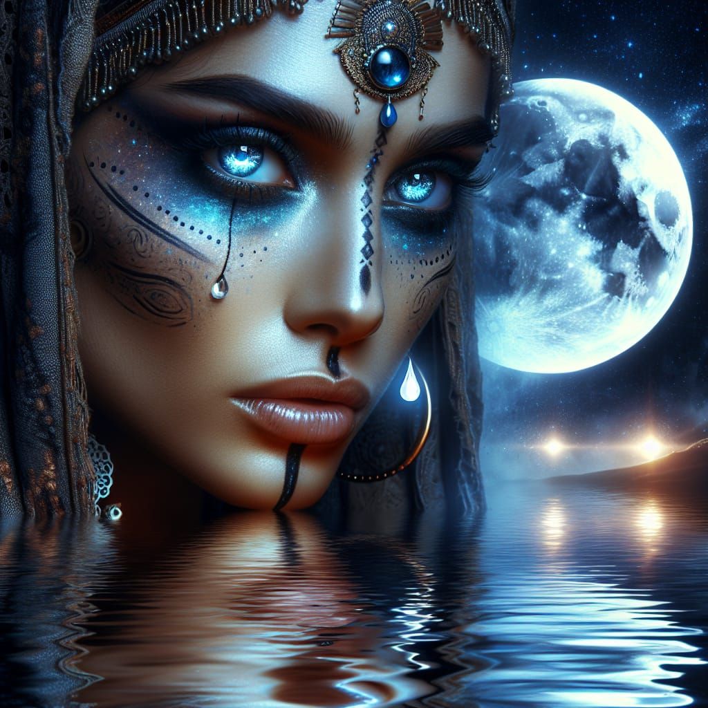 a beautiful mysterious woman with tribal war paint and glowing blue eyes