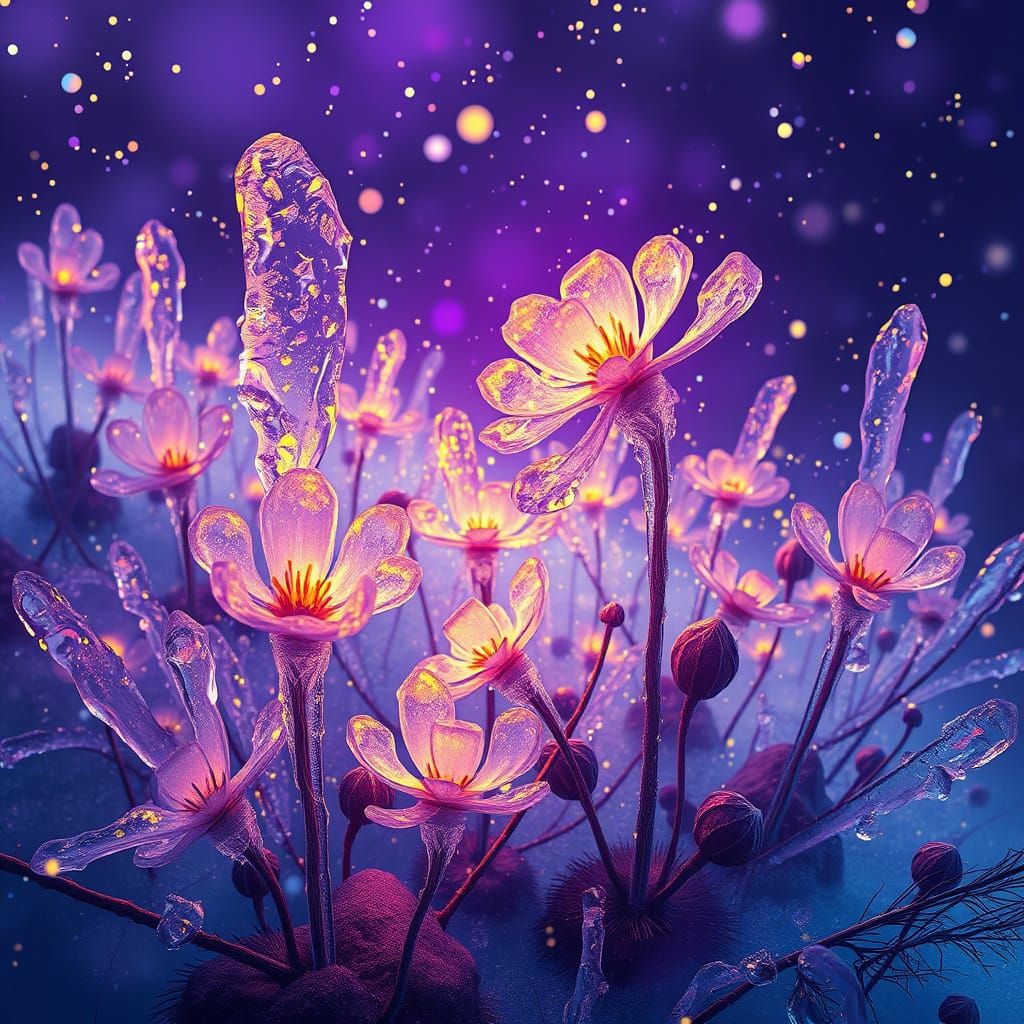 Glistening Ice Flowers in a Dark Fantasy Landscape