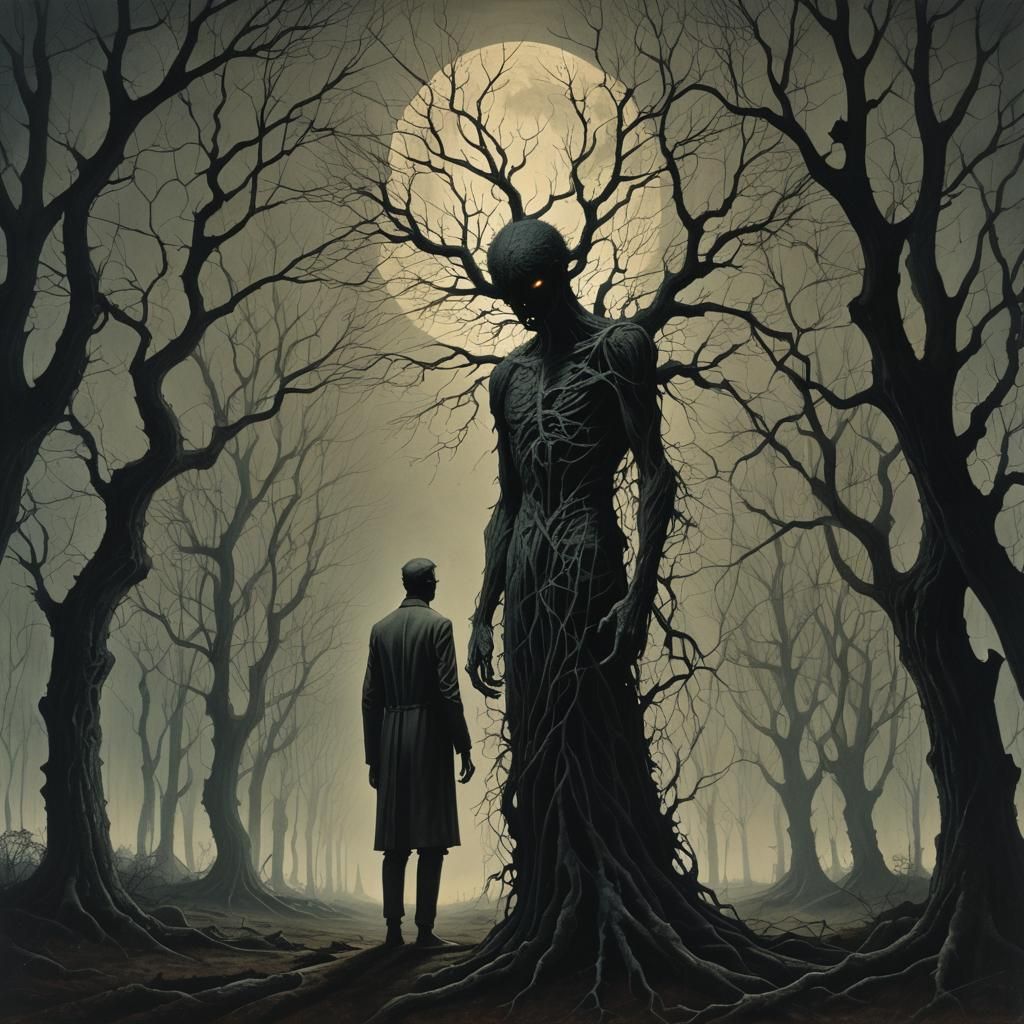 Confrontation with Shadow in Dark Surrealist Style