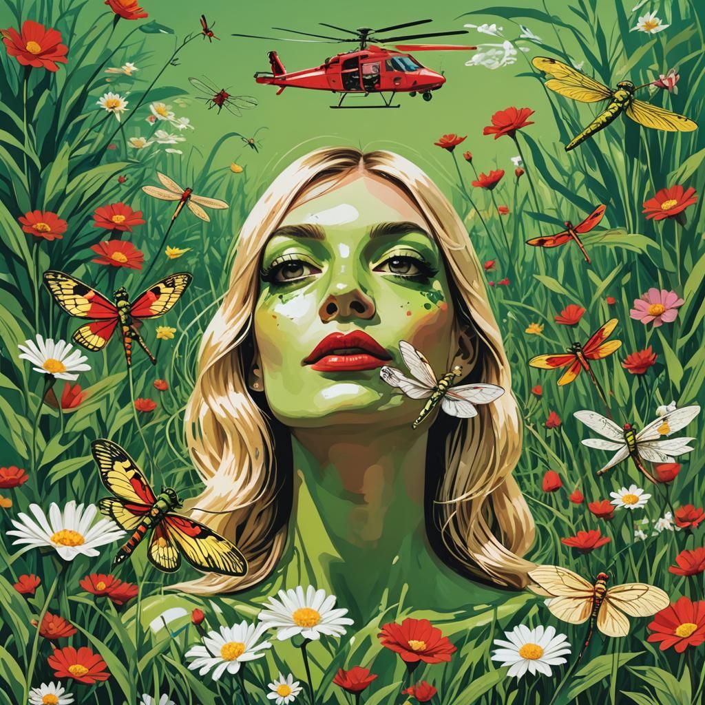 Surreal Pop Art Collage with Frog, Dragonfly and Woman