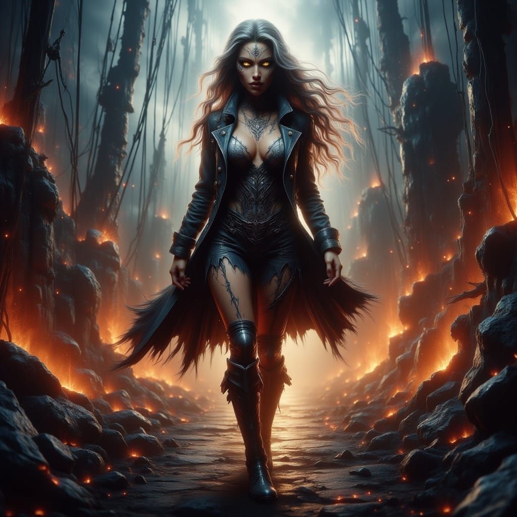 Pirate Queen Amidst Burning Ship Wreckage