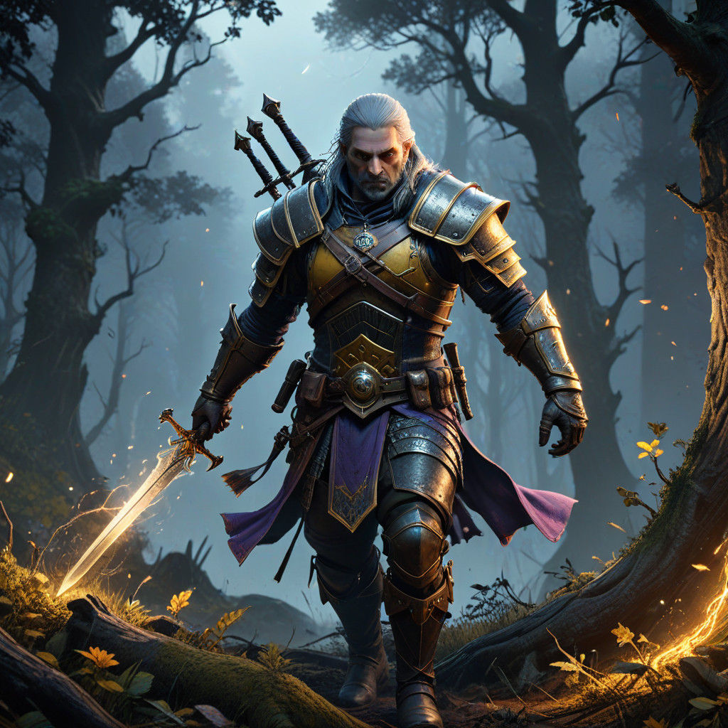 Gerald of Rivia Battles a Kikimora in a Dark Fantasy Forest