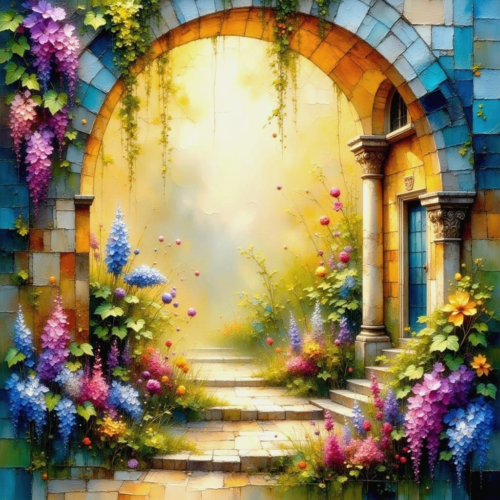 Surreal Garden Oasis in Soft Metallic Hues