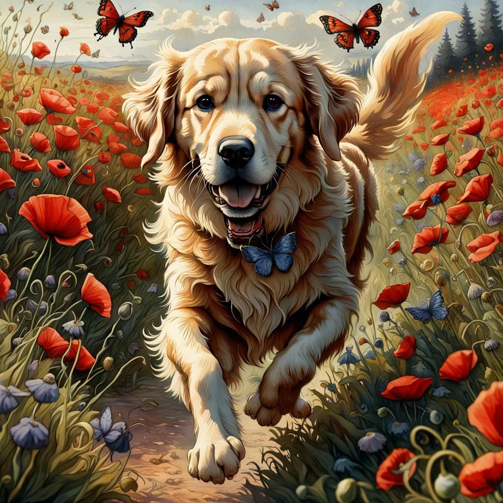 Golden Retriever chasing butterflies
