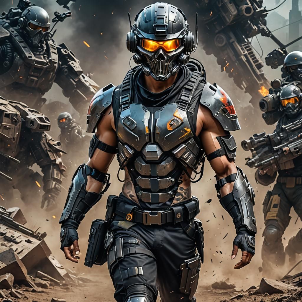 Cyborg Commando with Skull Mask in Battlefield, 3D Render