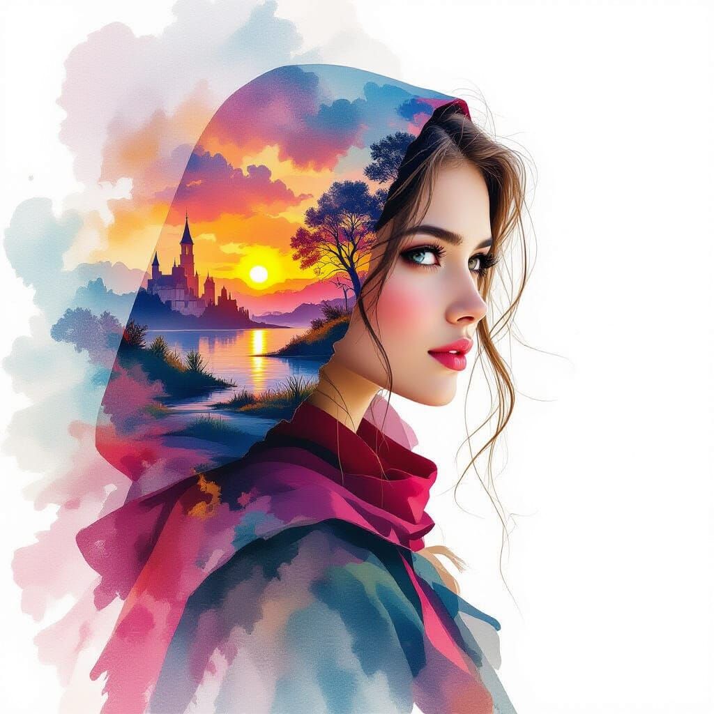 close up woman Digital watercolor Illustration with Dual Exp...