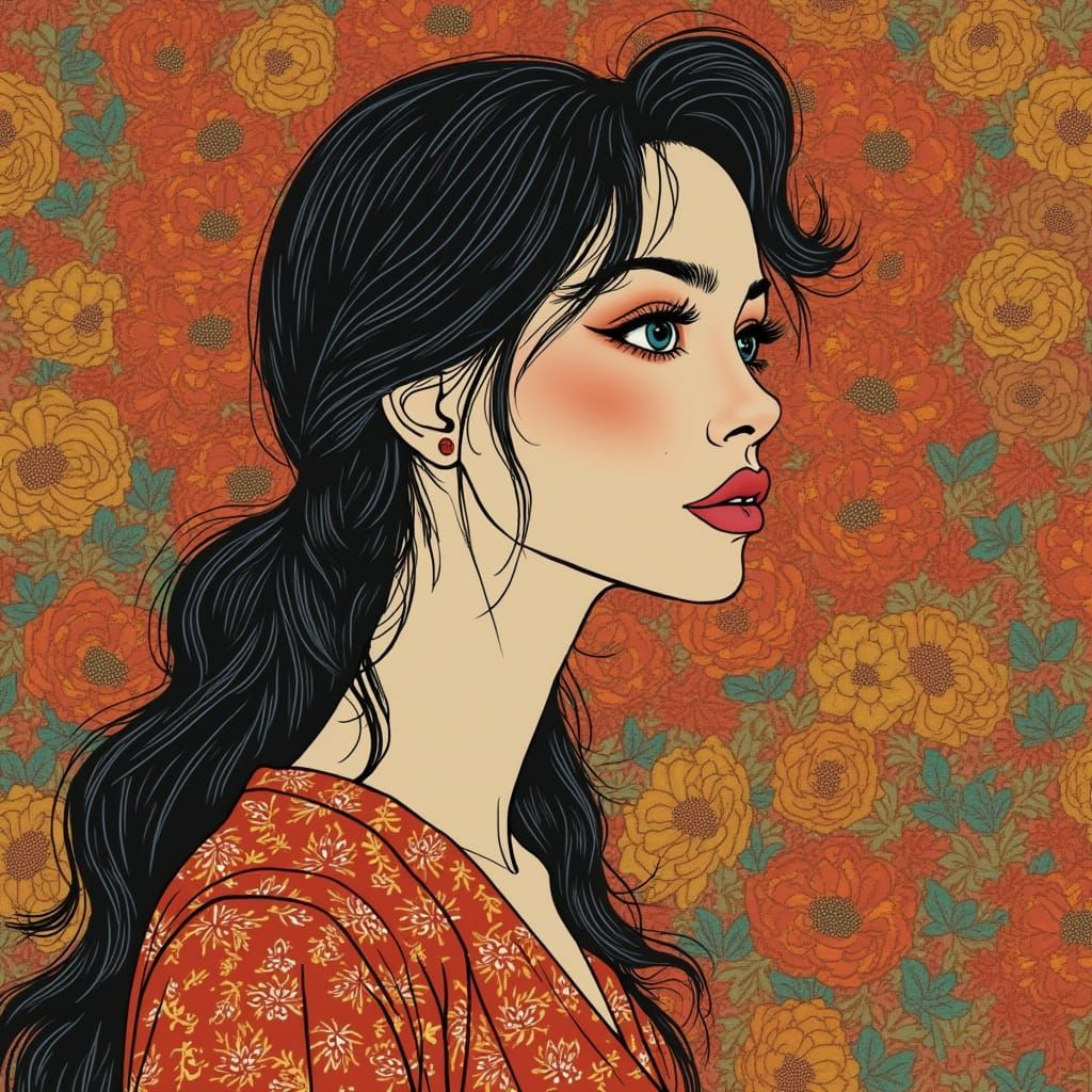 Vintage-Inspired Portrait of a Beautiful Woman in Batik Styl...