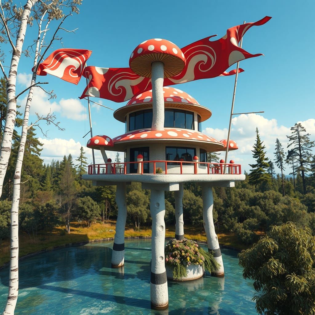 Hyperreal Sculpture of Whimsical Mushroom Flags and Futurist...