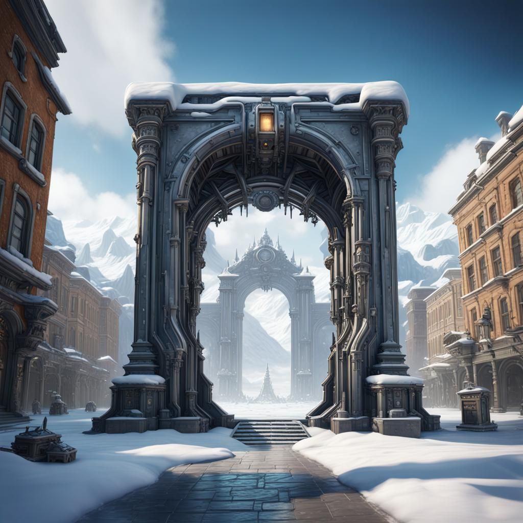 High Tech Portal in Snowy Town Square