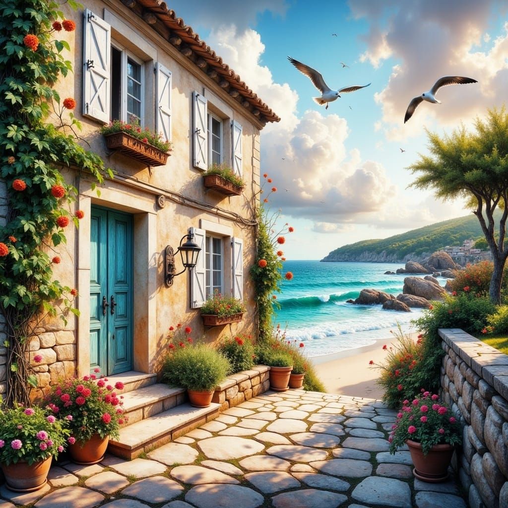 Idyllic Mediterranean Village Seaside Scene