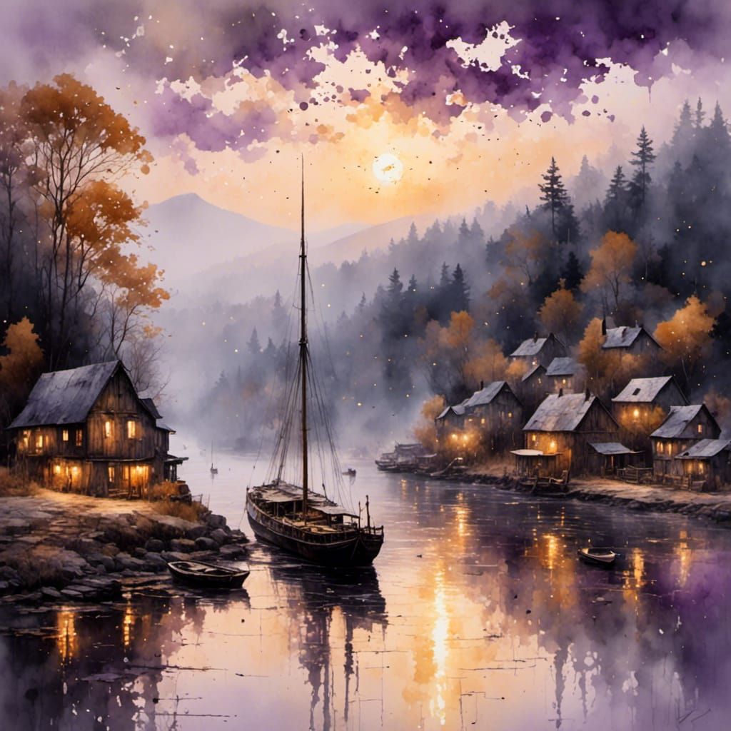 Log Settlement at Dawn with Waterfall in Watercolor