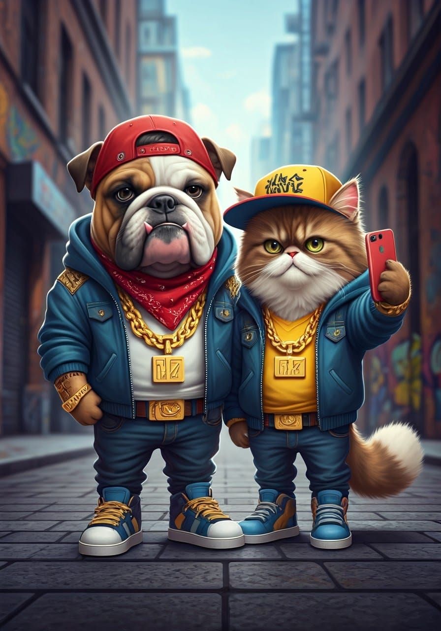 Hip-Hop Canine and Feline Pals Pose in Vibrant Urban Scene