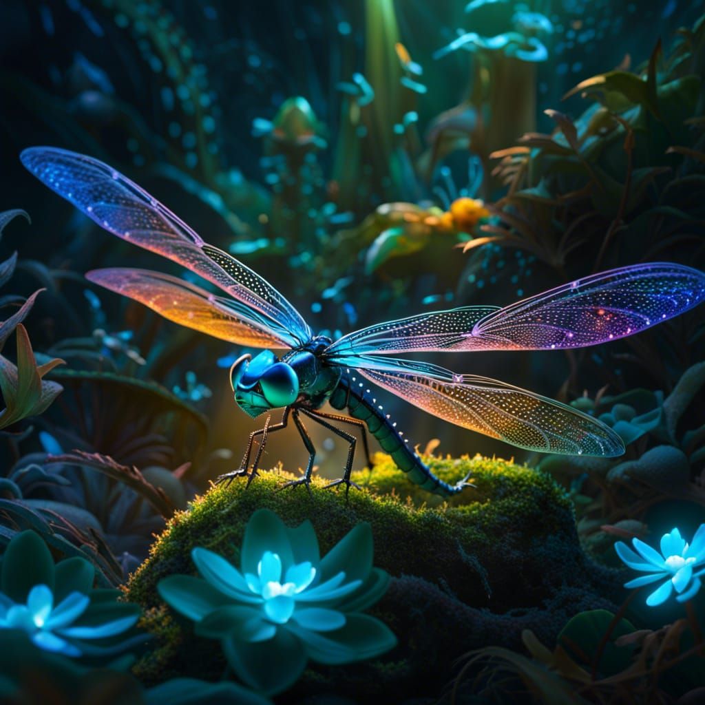 Bioluminescent Dragonfly in Magical Garden Setting