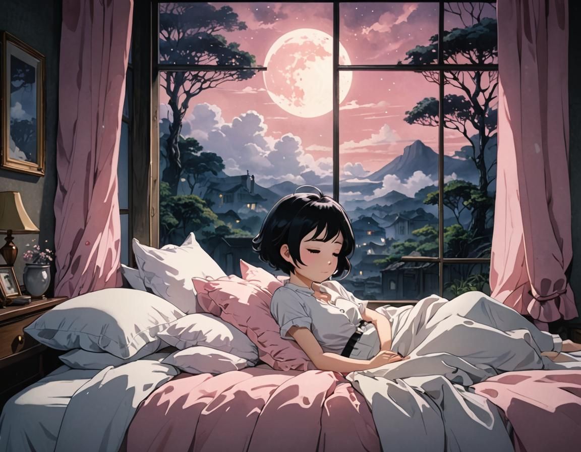 Chibi Woman Sleeping in Dreamy Anime Style