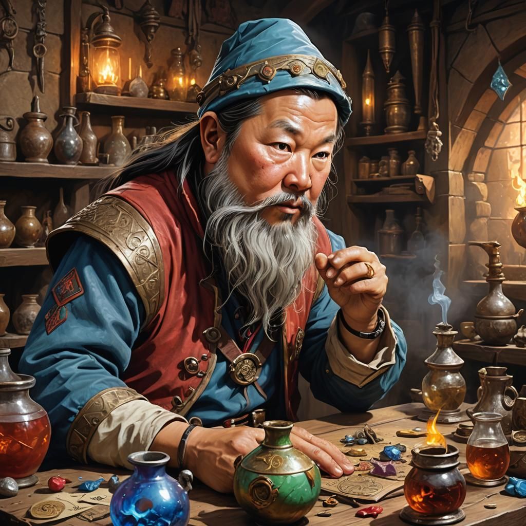 Gnome Artificer in Alchemy Workshop, Fantasy Art
