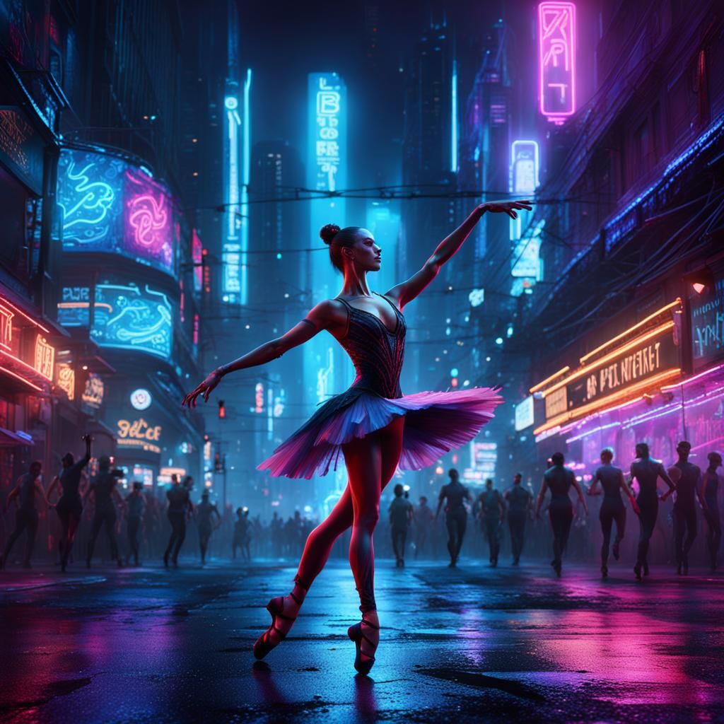 Cyberpunk Ballet Dancer Under Neon Lights