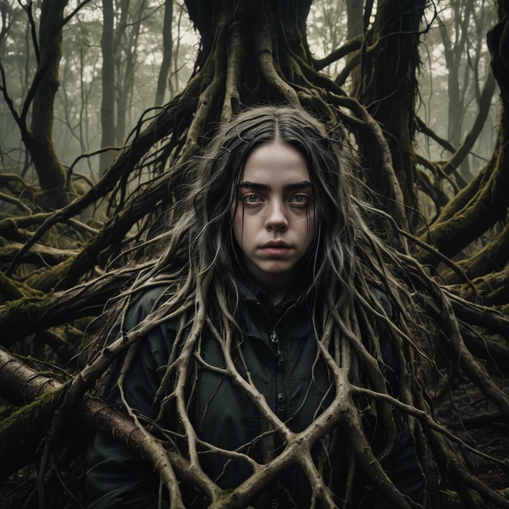 Billie Eilish in a Mystical Dark Realism Forest