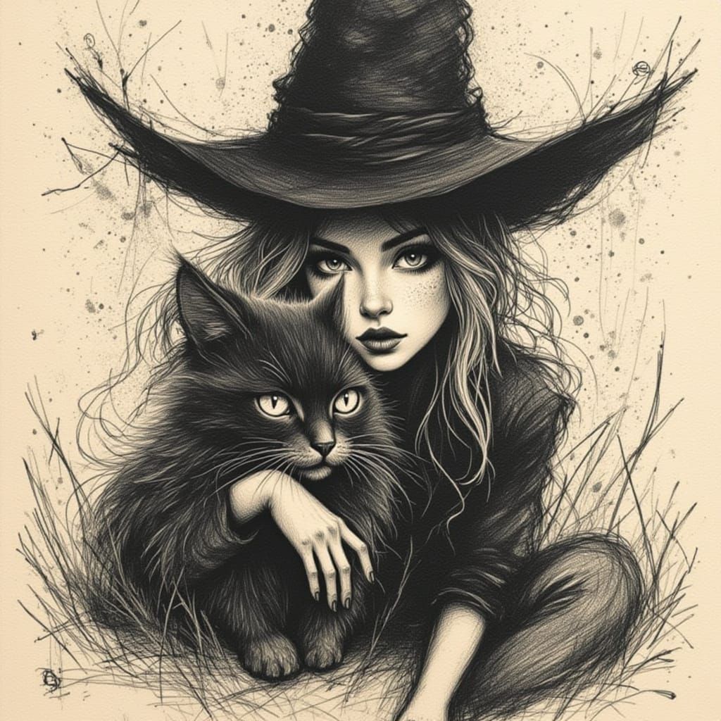 Witch and Cat in Charcoal Sketch Style