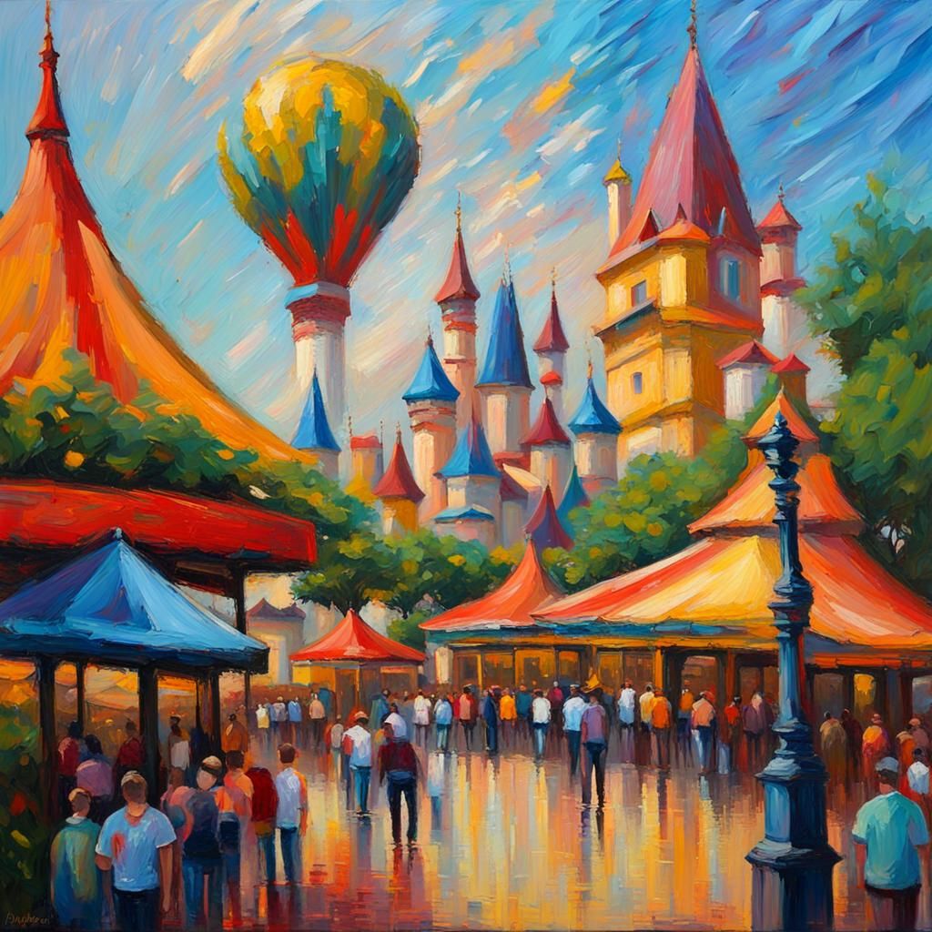 Colorful Theme Park in Impasto Oil Painting Style