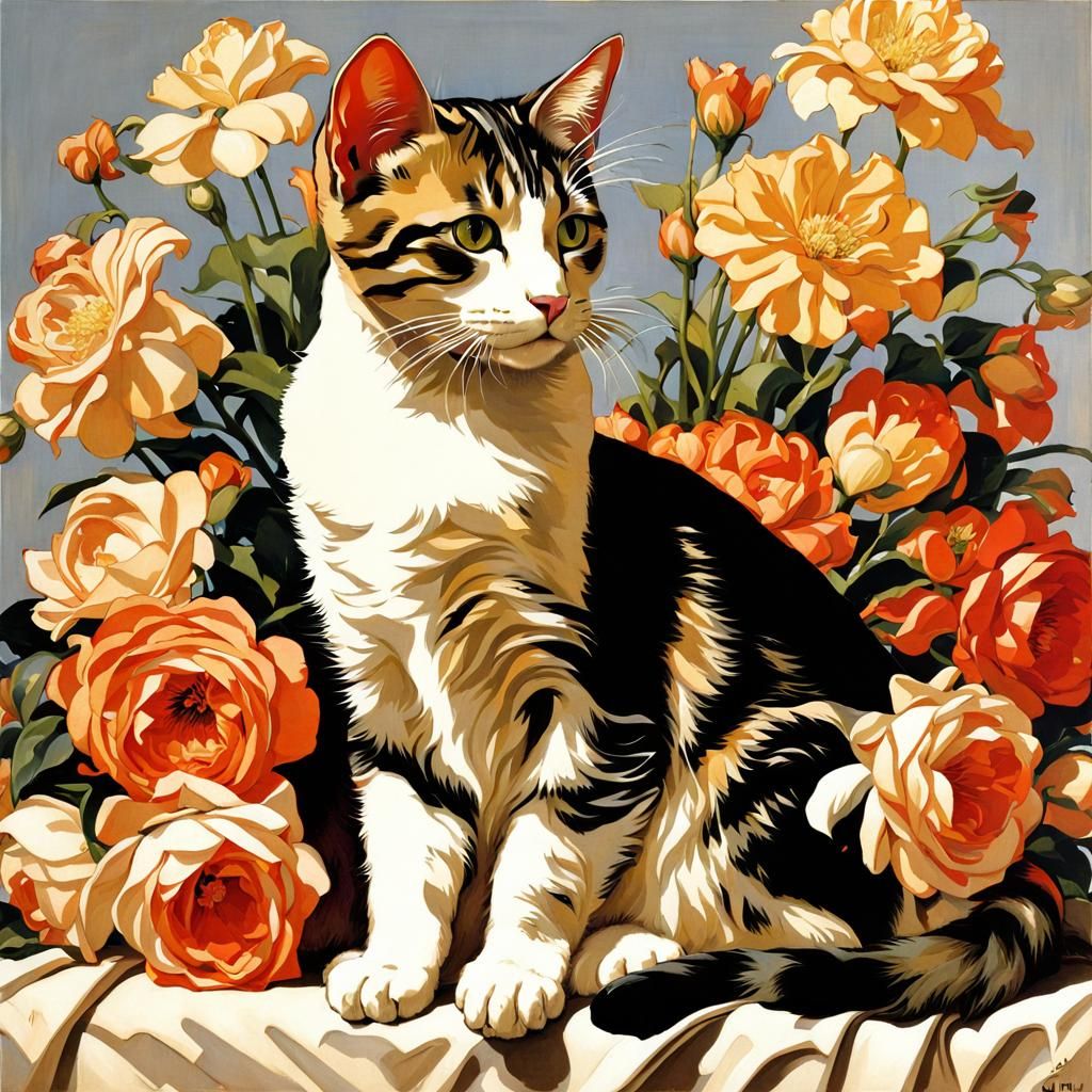 Cute Cat with Flowers in Art Deco Style