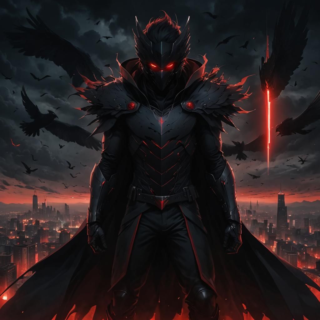 Dark Anime Hero Over Cityscape in 3D