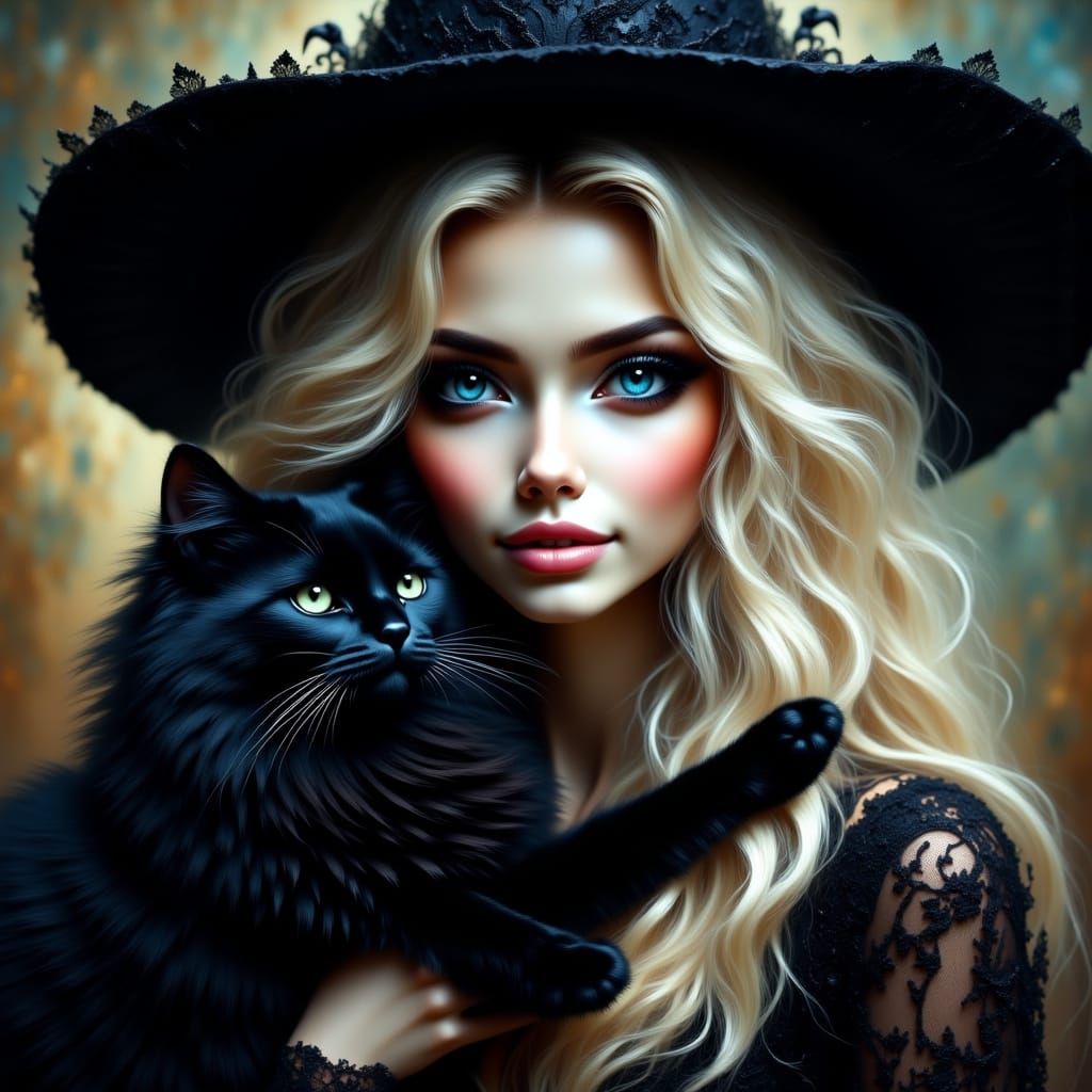 Witch and Cat in Darkly Magical Style