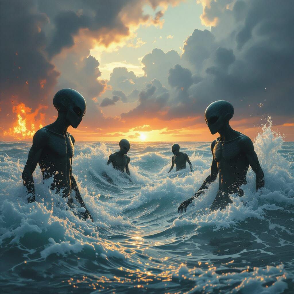 Chaotic Alien Seascape with Fiery Waves