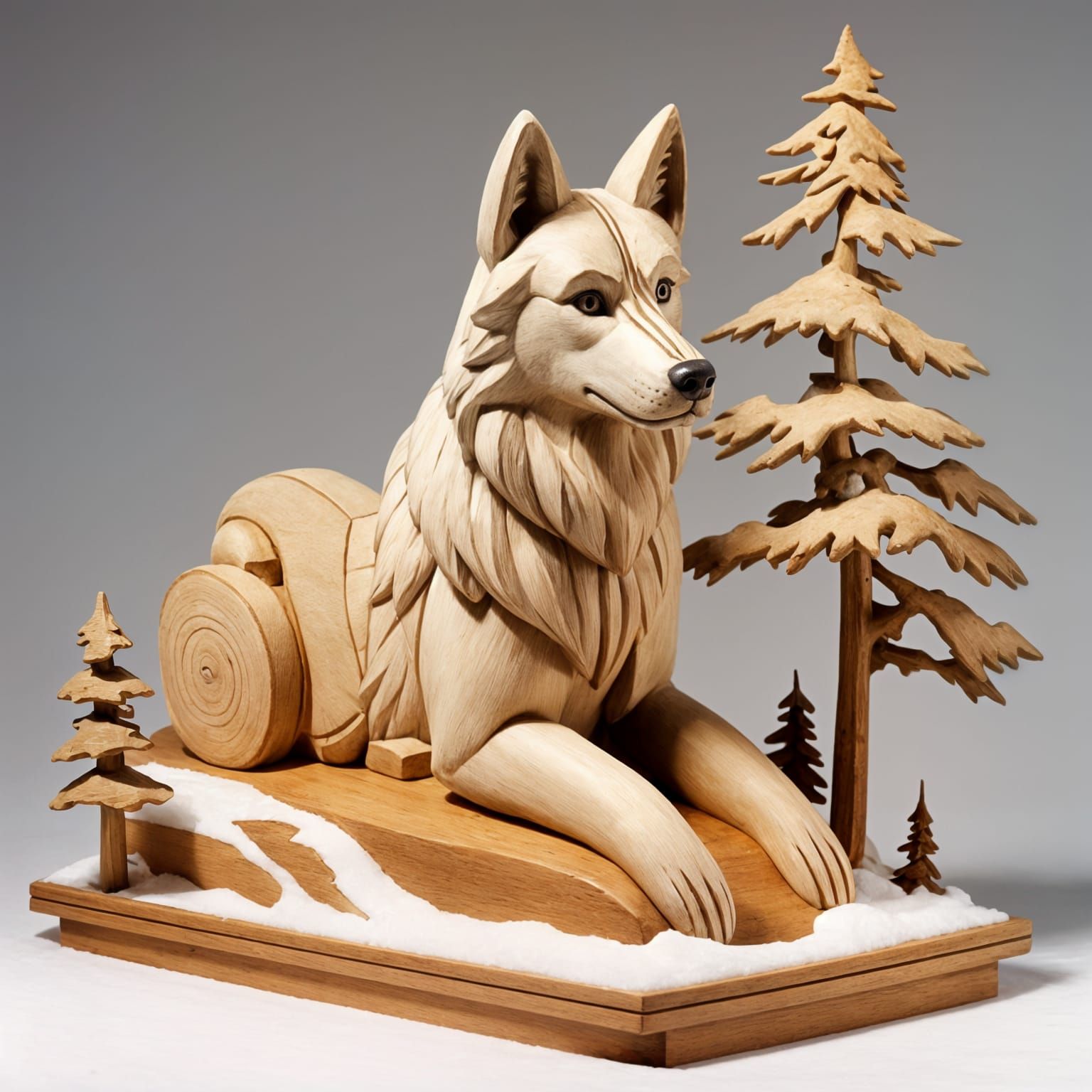 Carved Wooden Husky Automaton in Snow