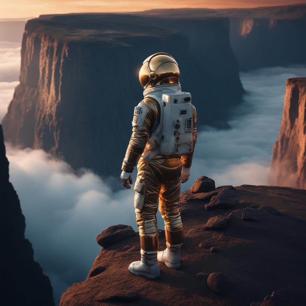 Surrealist Futuristic Astronaut Standing at Cliff's Edge