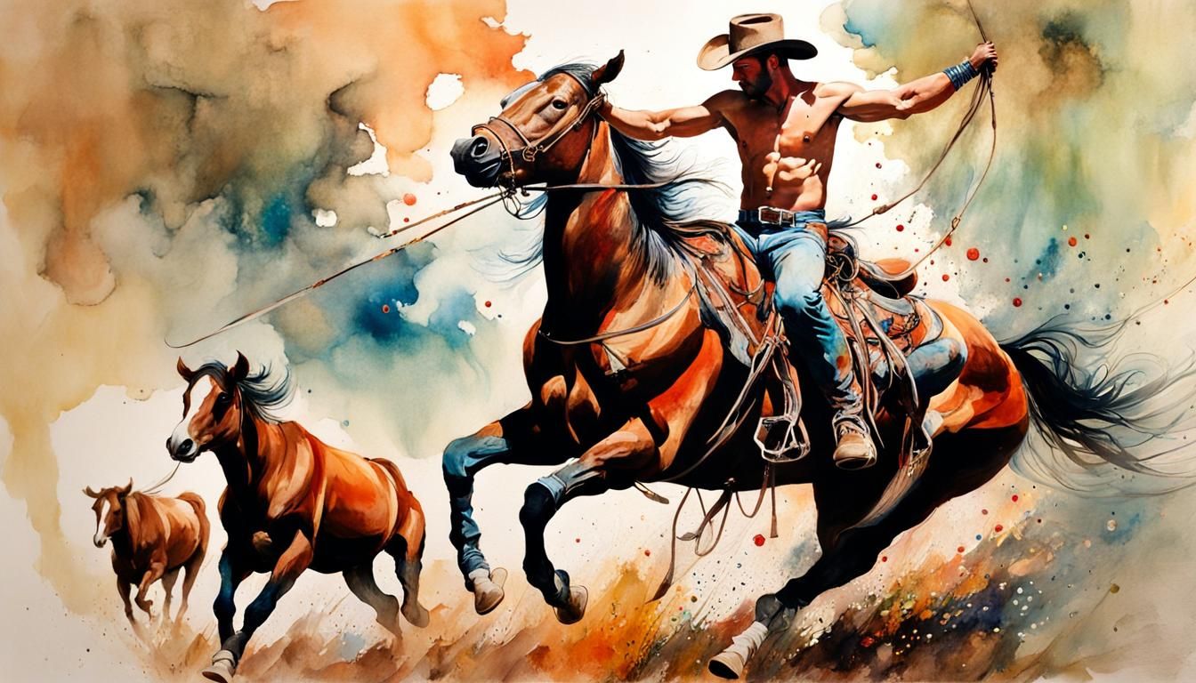 Cowboy Lassoing Bull: Watercolor Liquid Ink Art