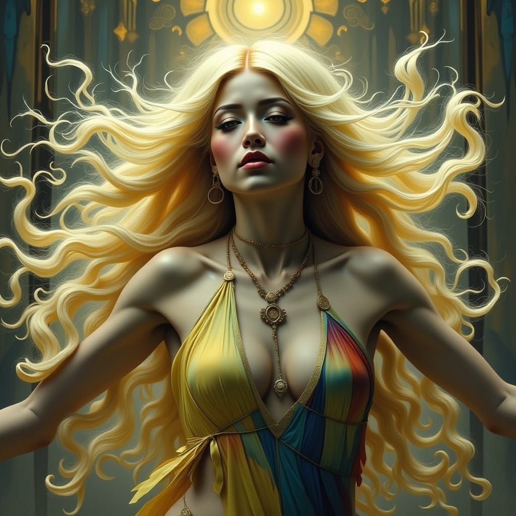 Surreal Blonde Alien Dancer in Vibrant Yellow Flux